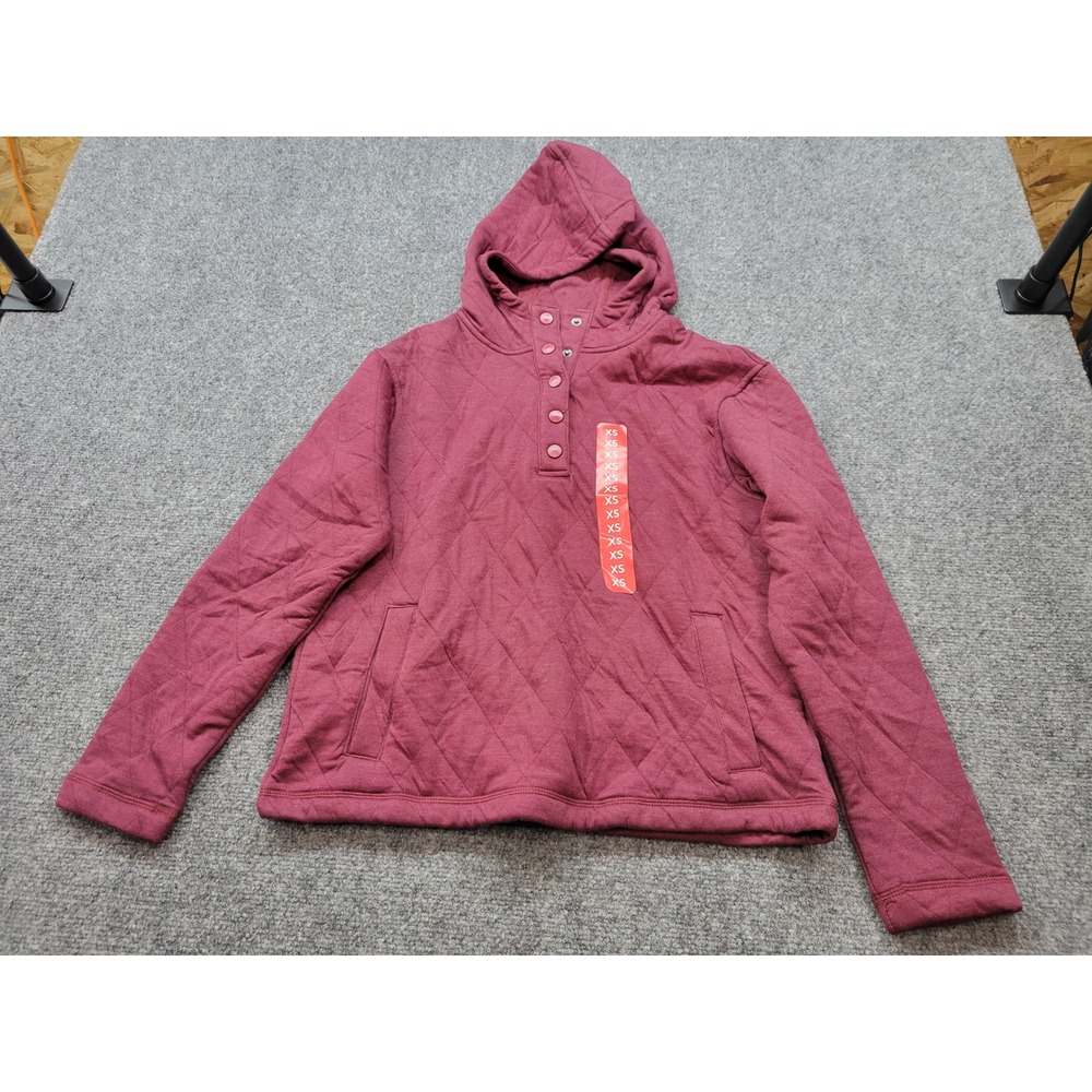 Lands End Womens XS Burgundy Quilted Snap Neck Hoodie Pullover Sweatshirt NEW